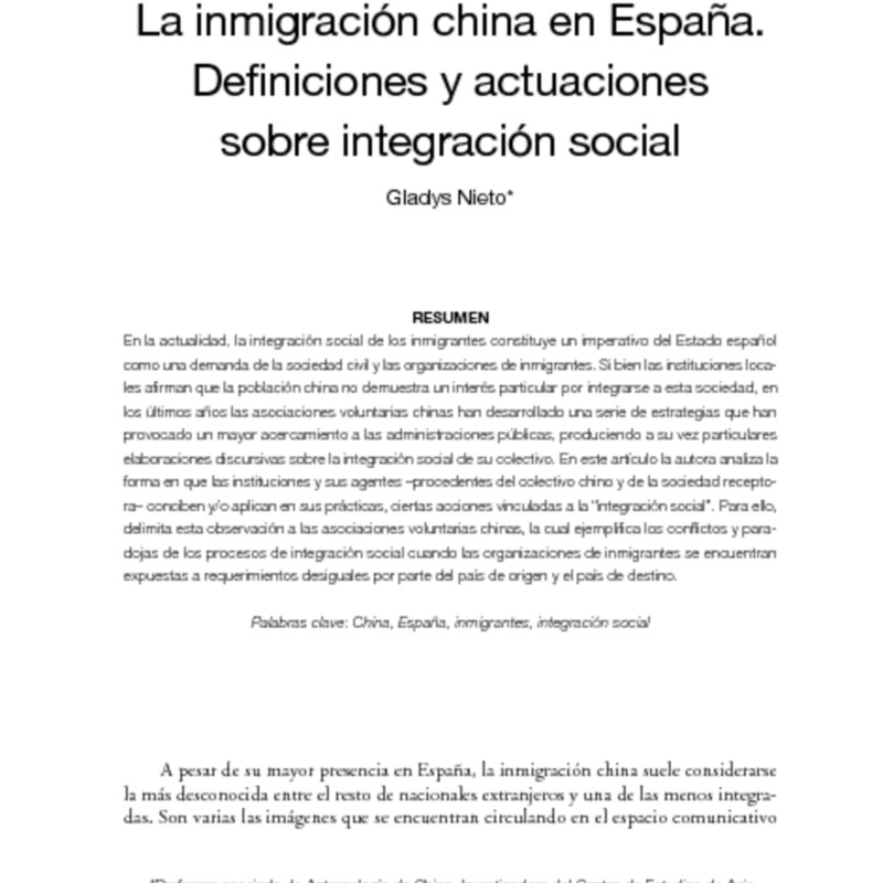 La inmigración china en España: definiciones y actuaciones sobre integración social