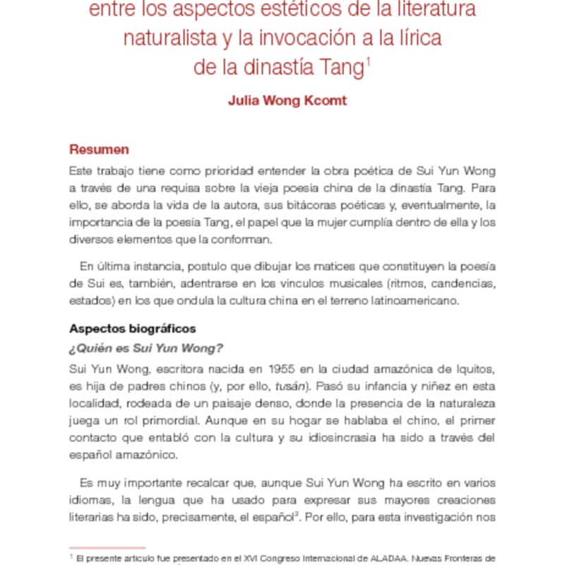 Sui Yun Wong: correlato en la autora tusán entre los aspectos estéticos de la literatura naturalista y la invocación a la lírica de la dinastía Tang