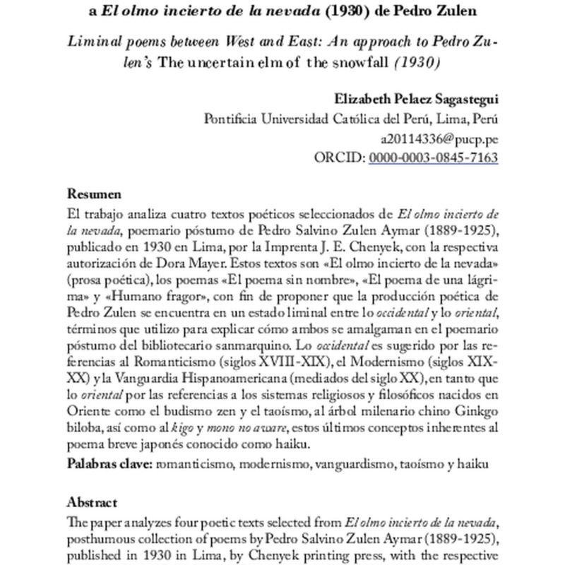 Poemas liminales entre Occidente y Oriente: una aproximación a El olmo incierto de la nevada (1930) de Pedro Zulen