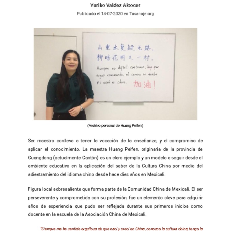 “Huang Peifen”, vocación y enseñanza del idioma chino en Mexicali