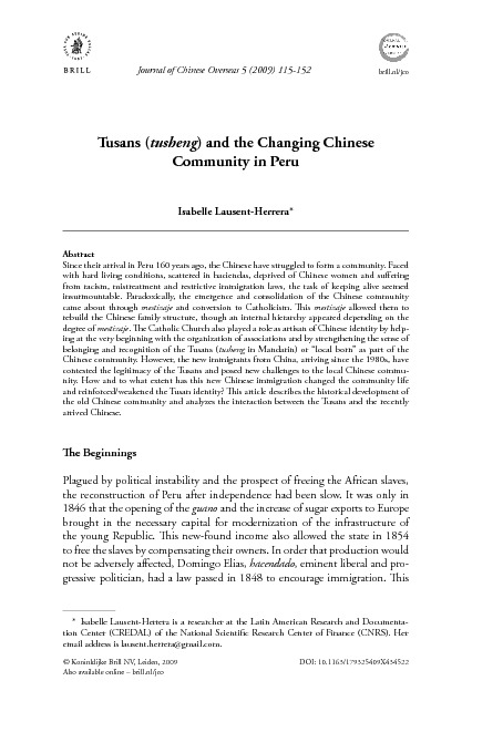 Tusans (tusheng) and the Changing Chinese Community in Peru